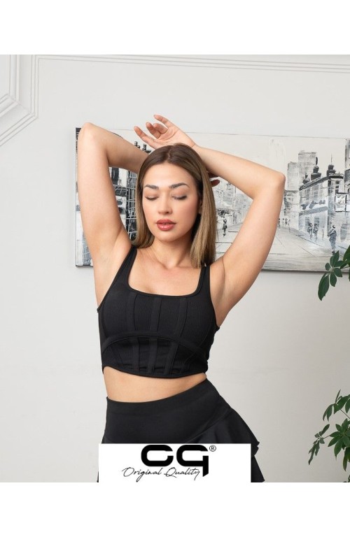 Şerit Korse Crop Top Siyah
